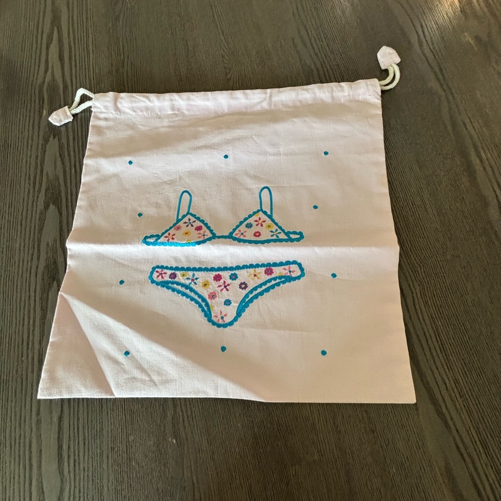White Bikini Drawstring Bag with Blue and Pink Accents - Picture 8 of 9